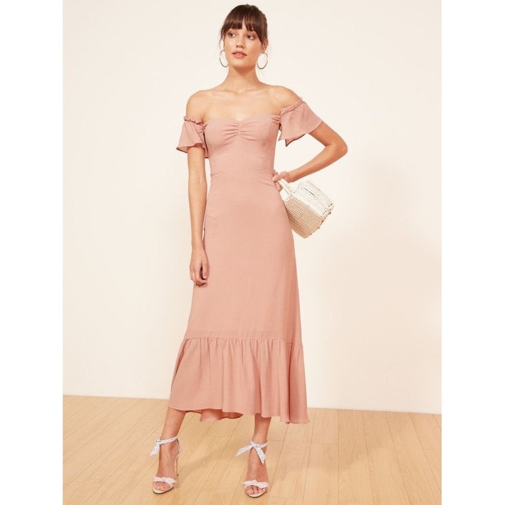 Reformation | Butterfly Dress 10 Blush Pink Ruffle Off Shoulder Midi Romantic